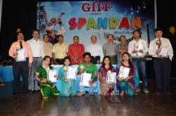 Group photograph of Genius Excellence Award Winner, Sitting L-R- Rupa, Rita, Sanjeev Rao, Trisha, Rupriya, Standing L-R- A.P. Singh, Rajesh Pandeya, Mr. D. N. Singh, Mr. Om Prakash, Dr. Dineshanand Goswami, Dr. Salil Roy, Registrar(KU) FC KU,Amitav Senapa